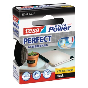 Tesa Extra Power Perfect Gewebeband, schwarz, 2,75 m x 19 mm, vielseitig einsetzbar.