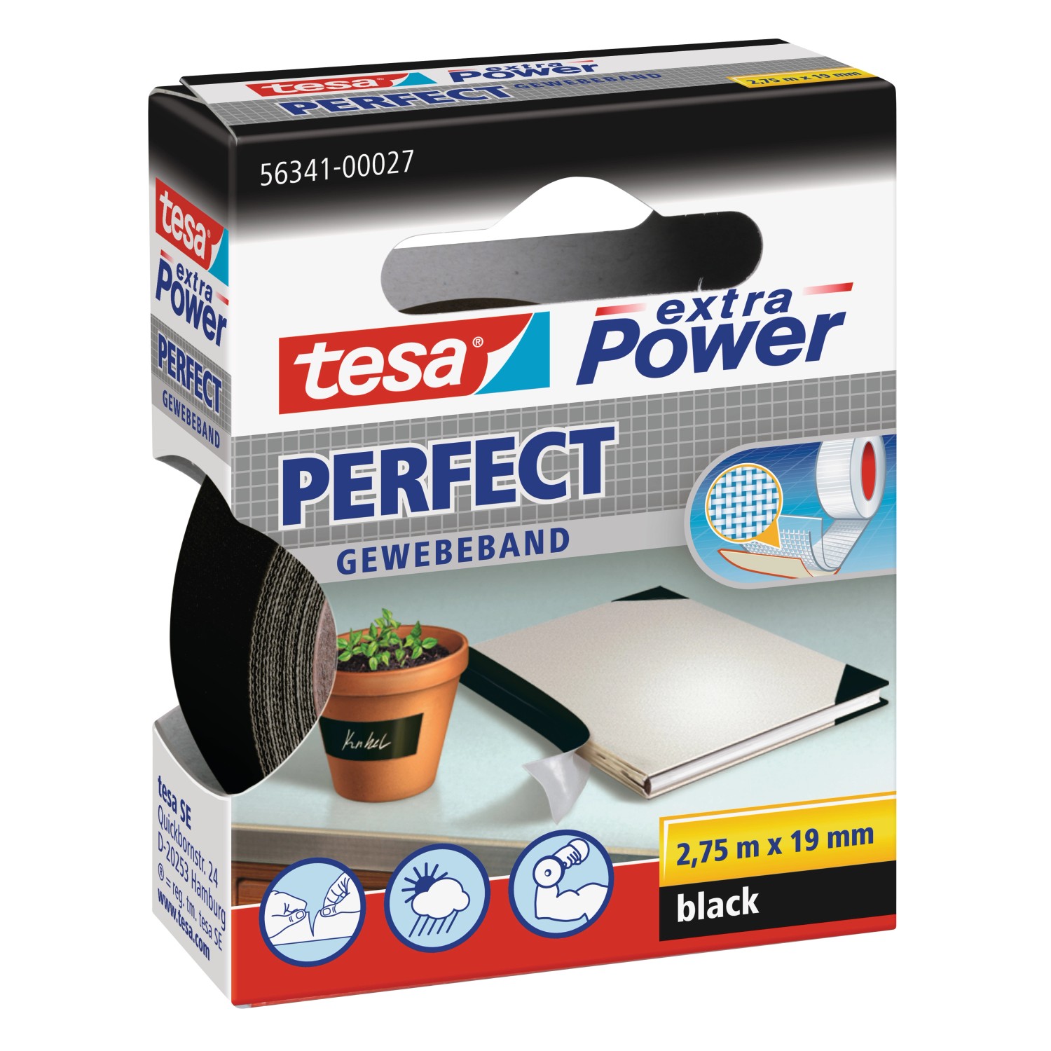 Tesa Extra Power Perfect Gewebeband Schwarz 2,75 m x 19 mm