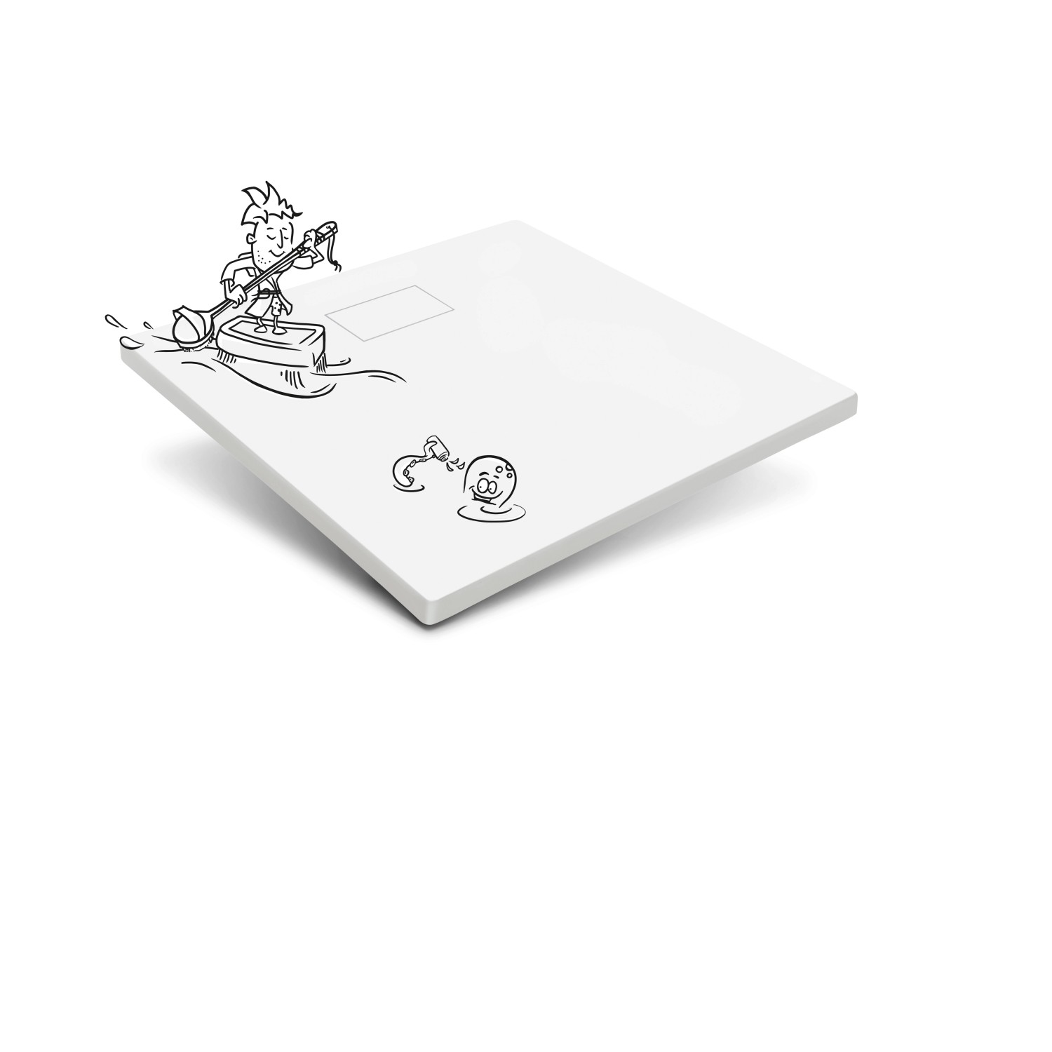 Weiße, quadratische baliv Duschwanne DW-90.100E in Steinoptik mit Comic-Zeichnung.