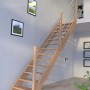 Gerade Treppe Mykonos Pro Eiche mit Edelstahl-Geländer, unbehandeltes Holz, offene Stufen.