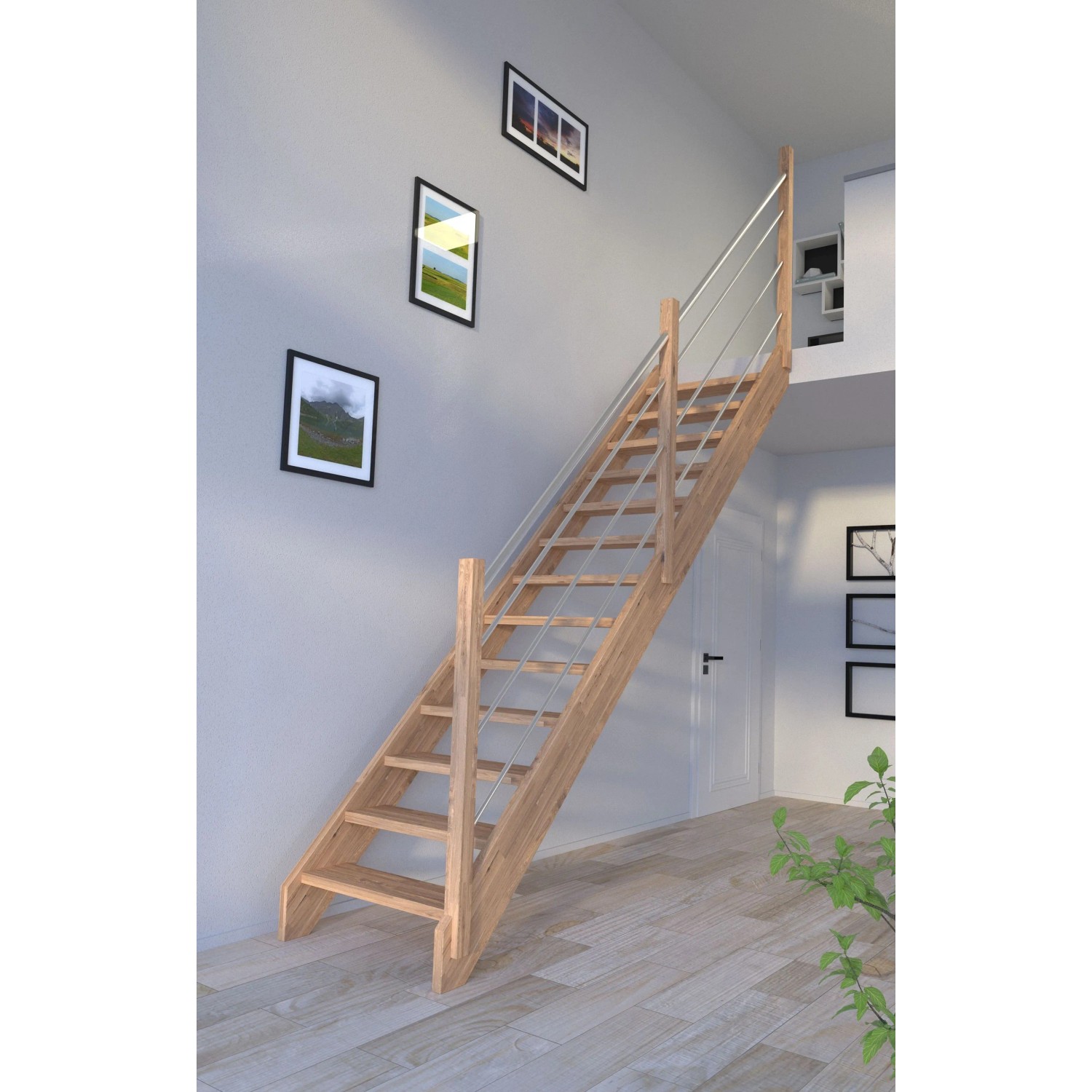 Gerade Treppe Mykonos Pro Eiche mit Edelstahl-Geländer, unbehandeltes Holz, offene Stufen.