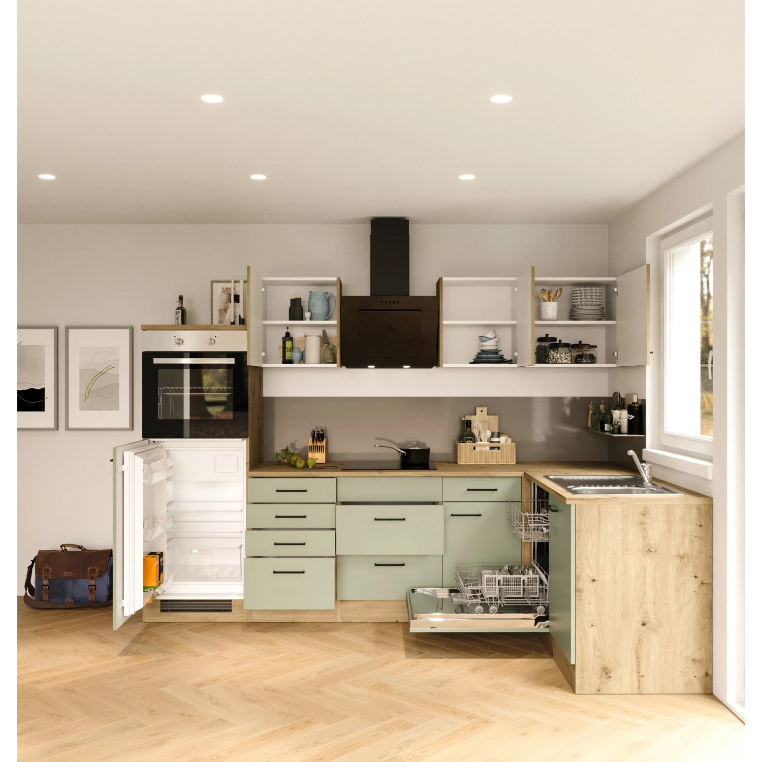 Flex-Well Exclusiv Winkelküche 280 x 170 cm Schilfgrün matt Artisan Eiche kaufen bei OBI