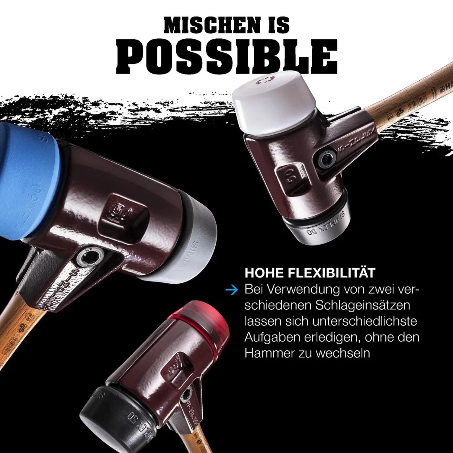 Halder Simplex Schonhämmer mit blauen TPE-soft, weißen Superplastik und roten Einsätzen. Zeigt modulare Flexibilität.