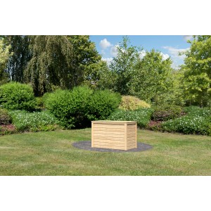 Naturbelassenes Karibu Holz-Hochbeet, Größe 1 (82x133x69cm) im Garten.