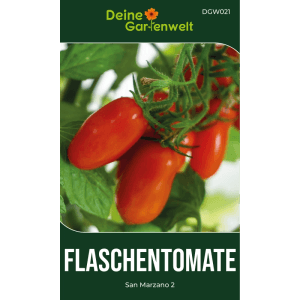 Samenpackung mit roten, ovalen San Marzano Flaschentomaten an grüner Pflanze. Gemüsesamen für den Garten.