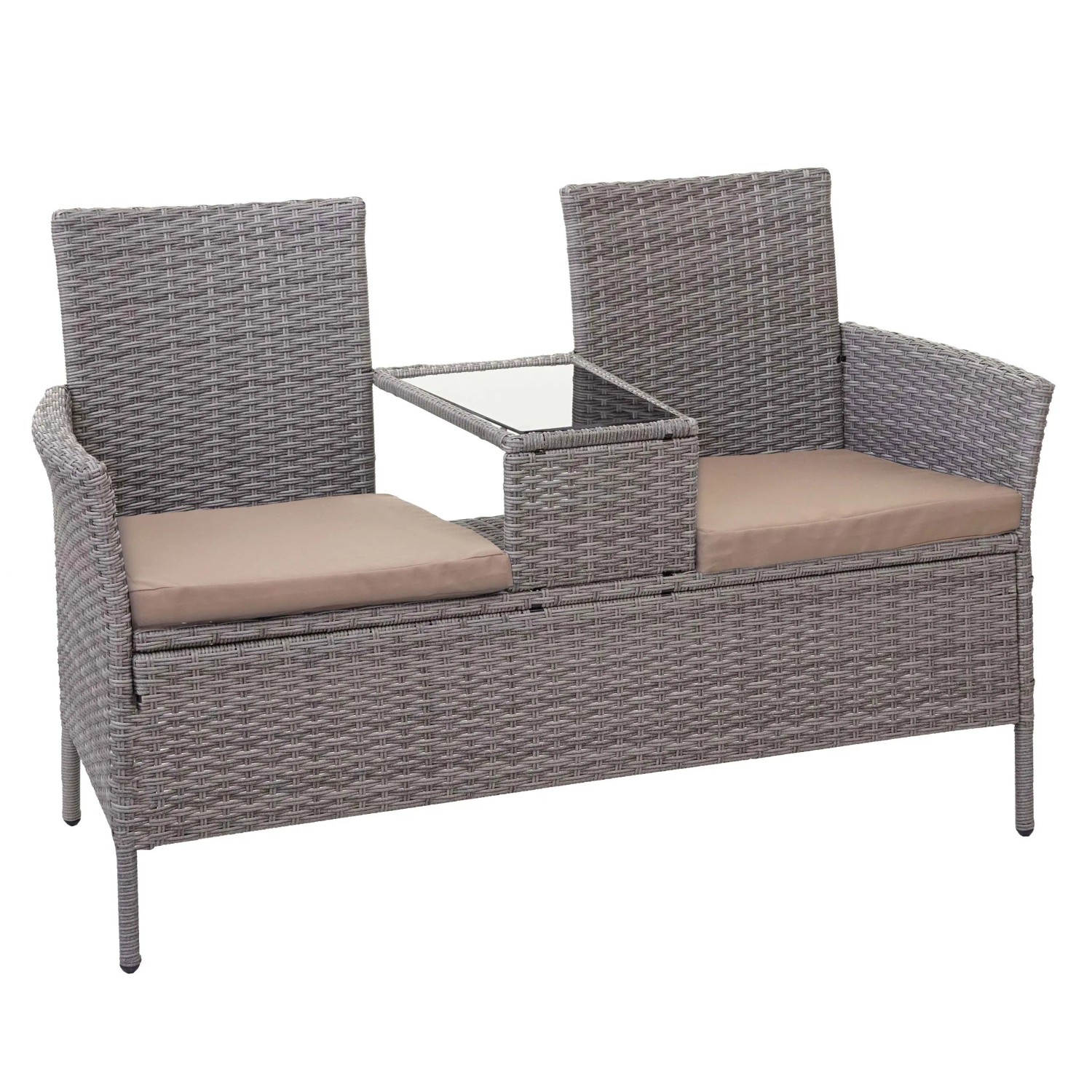 MCW Poly-Rattan Sitzbank mit Tisch E24 Grau Kissen Creme