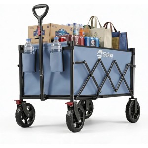 Blauer Sekey Bollerwagen, faltbar, 120L, 100KG, beladen mit Getränken und Einkäufen.