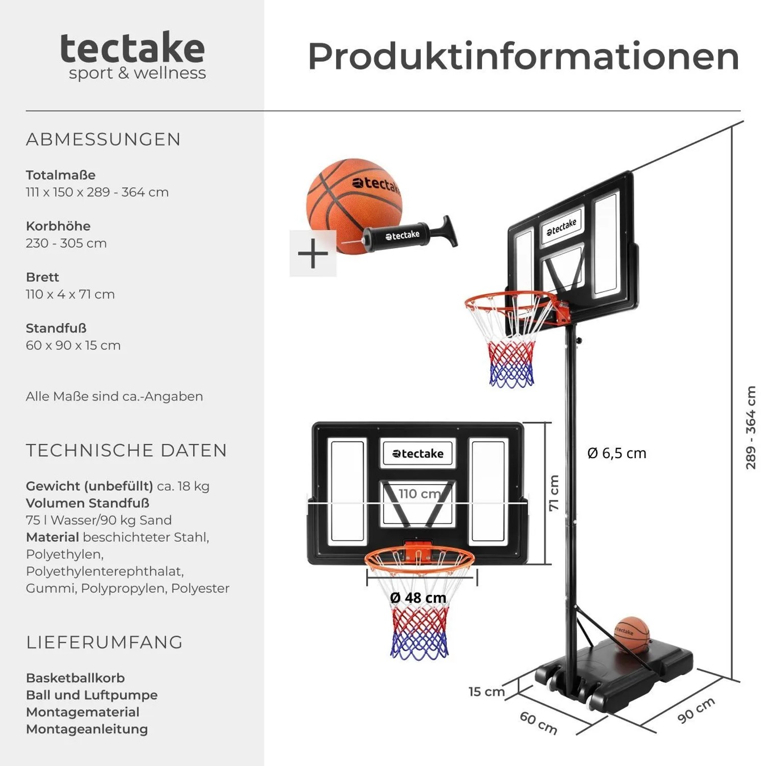 Tectake Basketballkorb Dirk Outdoor, freistehend, mit Ball, Pumpe und Maßen.