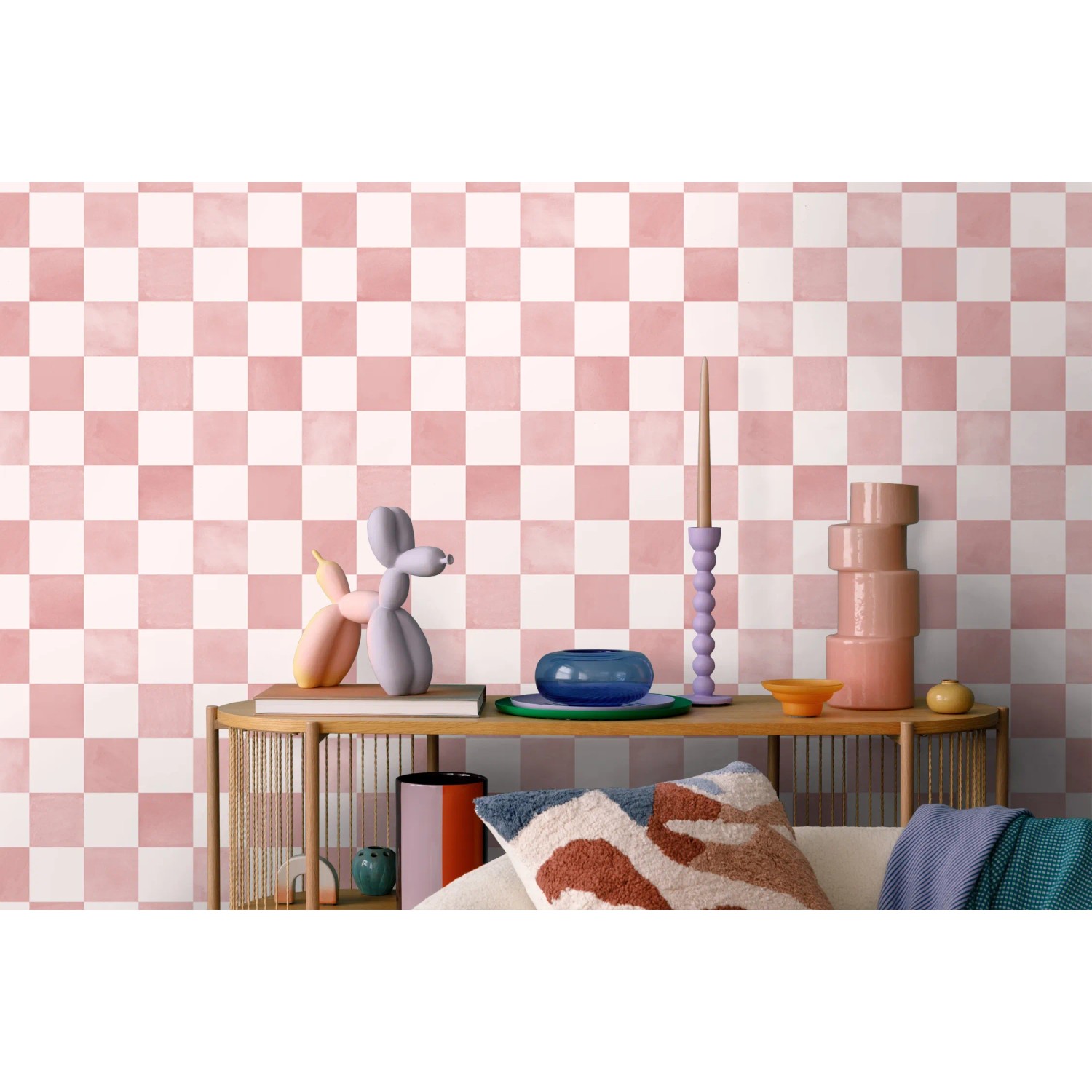 ESTAhome Tapete mit rosa-weißem Karomuster an einer Wand. Dekorative Vliestapete für stilvolle Räume.