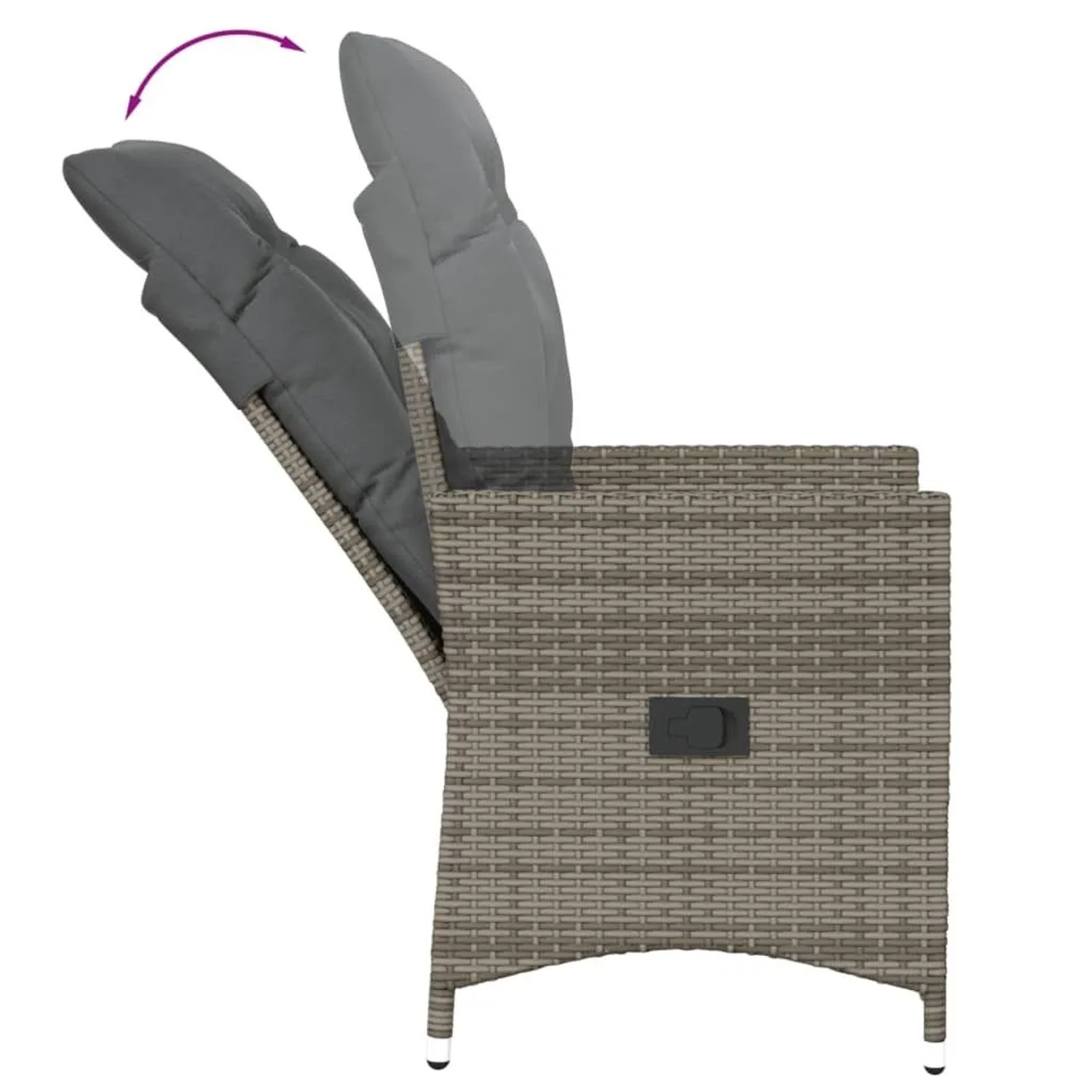 Grauer vidaXL Poly Rattan Gartensessel mit dunklen Kissen, verstellbare Rückenlehne in zwei Positionen gezeigt.