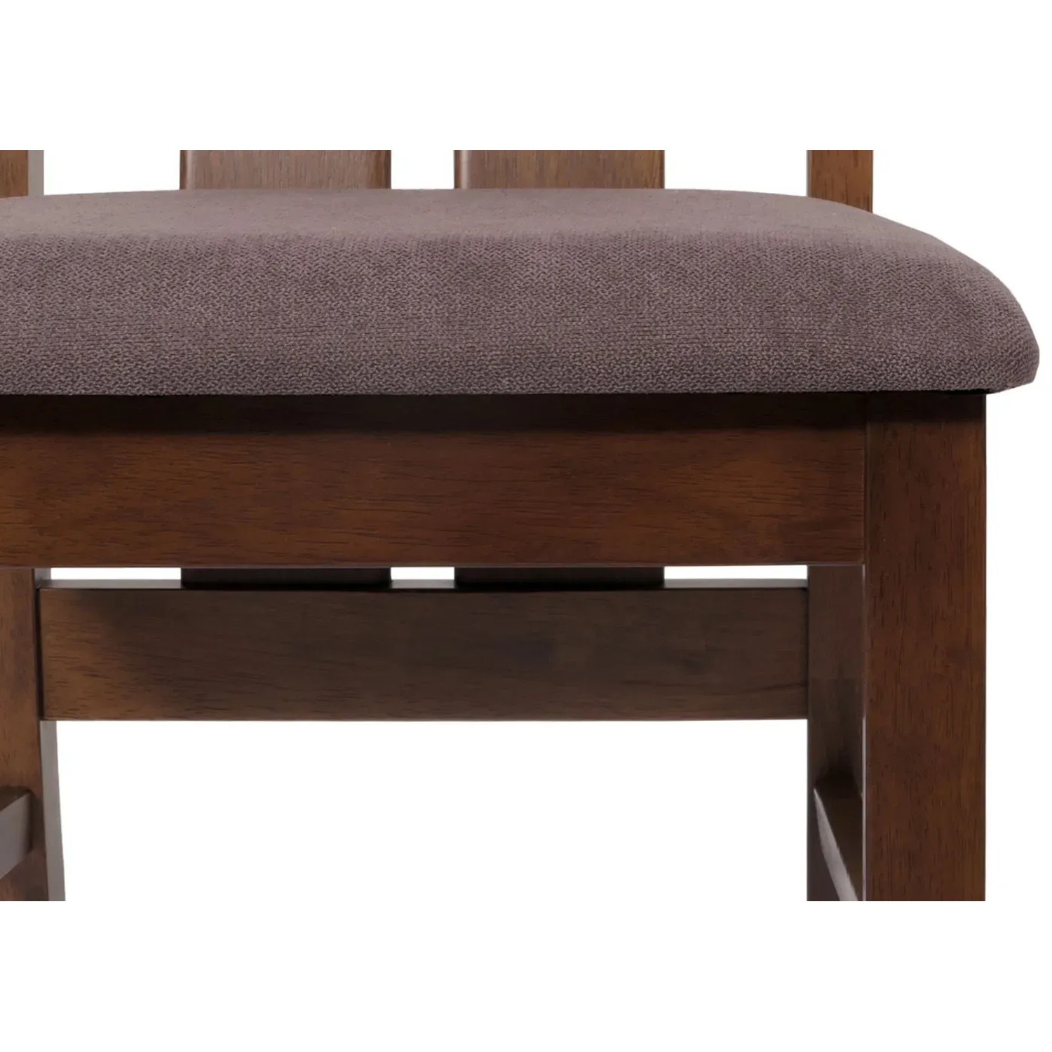Detailansicht: MCW Esszimmerstuhl M58, 6er-Set, dunkles Holzgestell, taupefarbener Sitz.