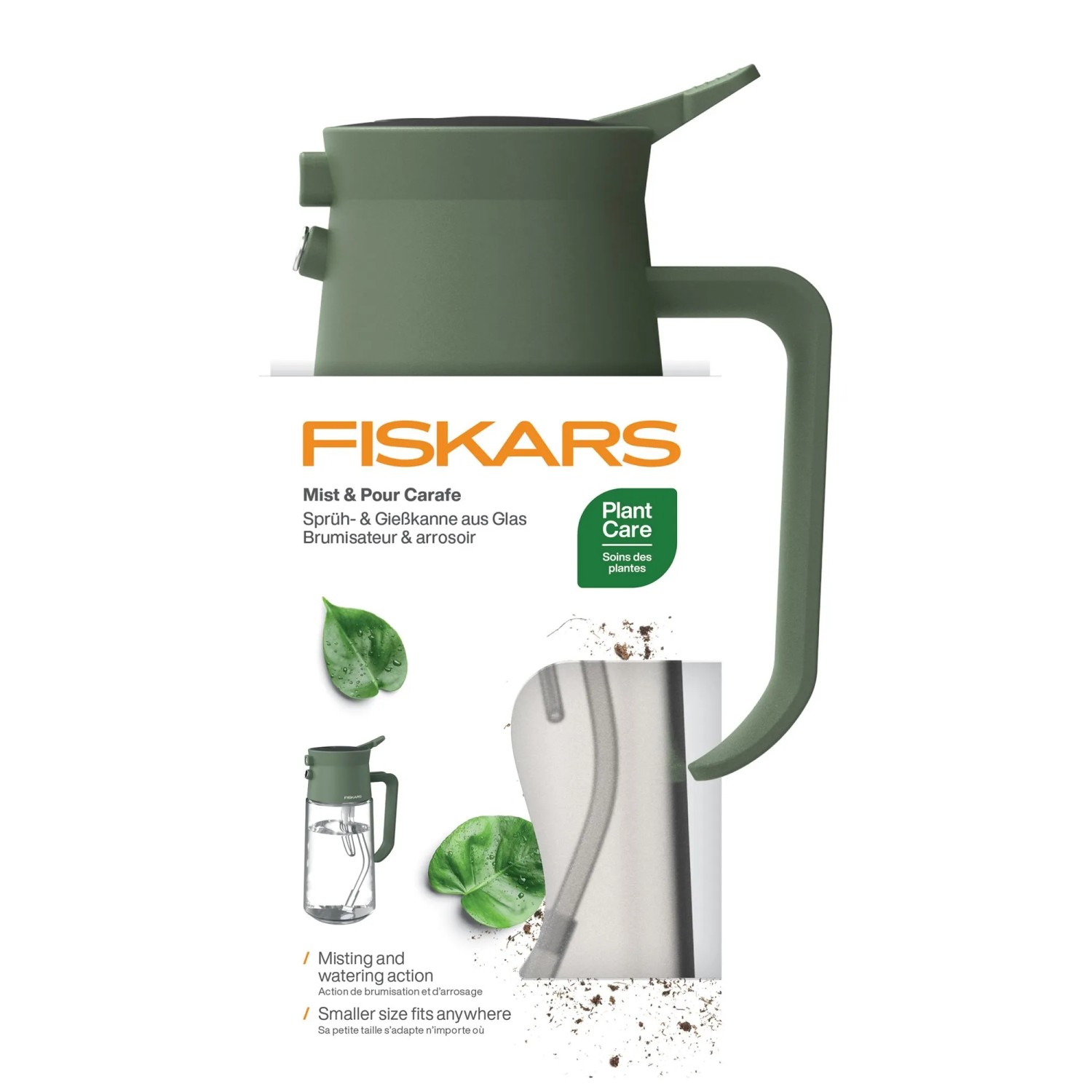 Fiskars Gießkanne aus Glas, 0,5 l, Grün, mit Sprühfunktion für Zimmerpflanzen.