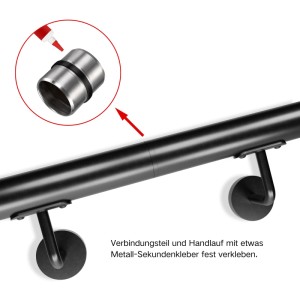 Schwarzer Handlauf mit Edelstahl-Verbinder, der mit Kleber für eine gerade Montage eingesetzt wird. Duschparadies Handlaufverbinder.