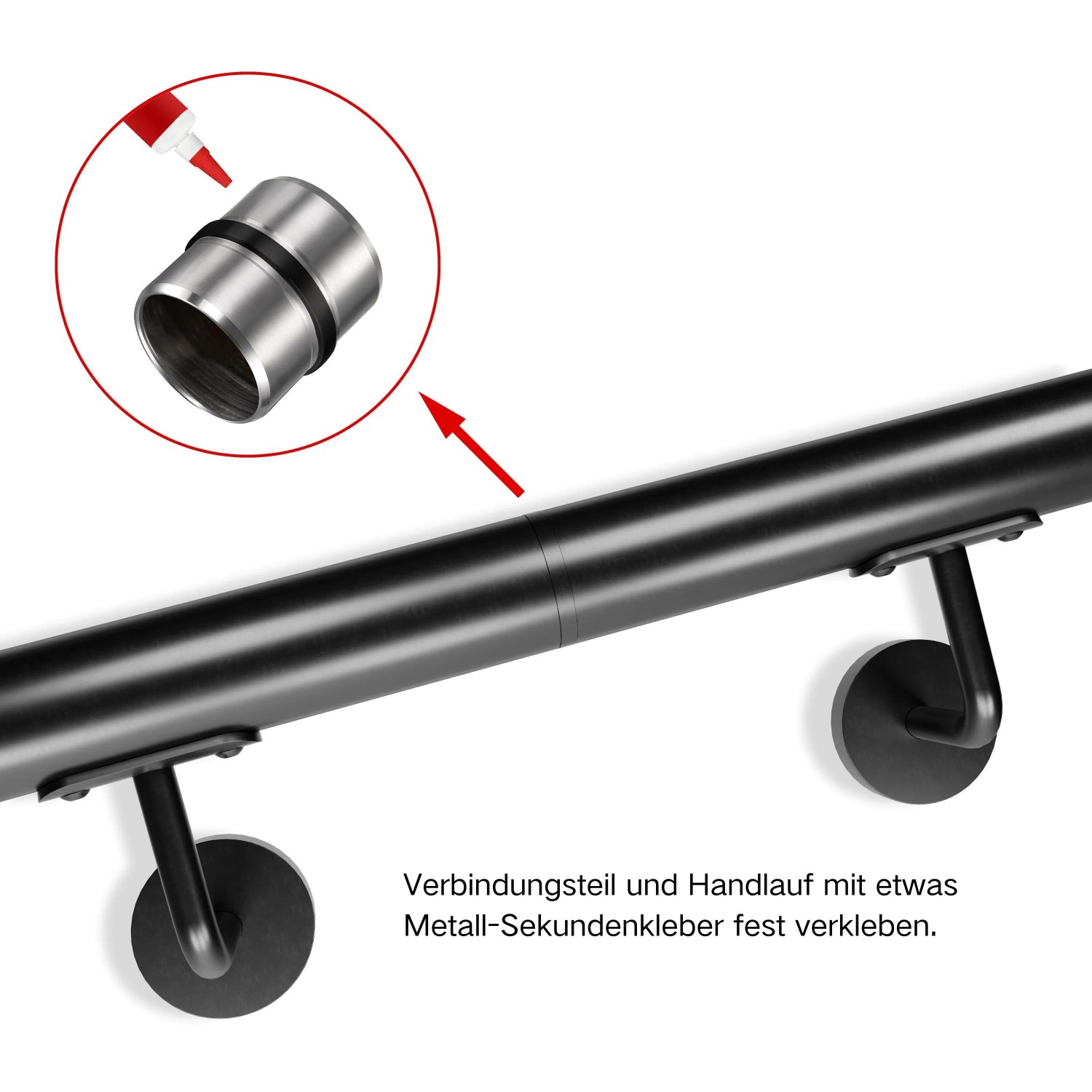 Schwarzer Handlauf mit Edelstahl-Verbinder, der mit Kleber für eine gerade Montage eingesetzt wird. Duschparadies Handlaufverbinder.