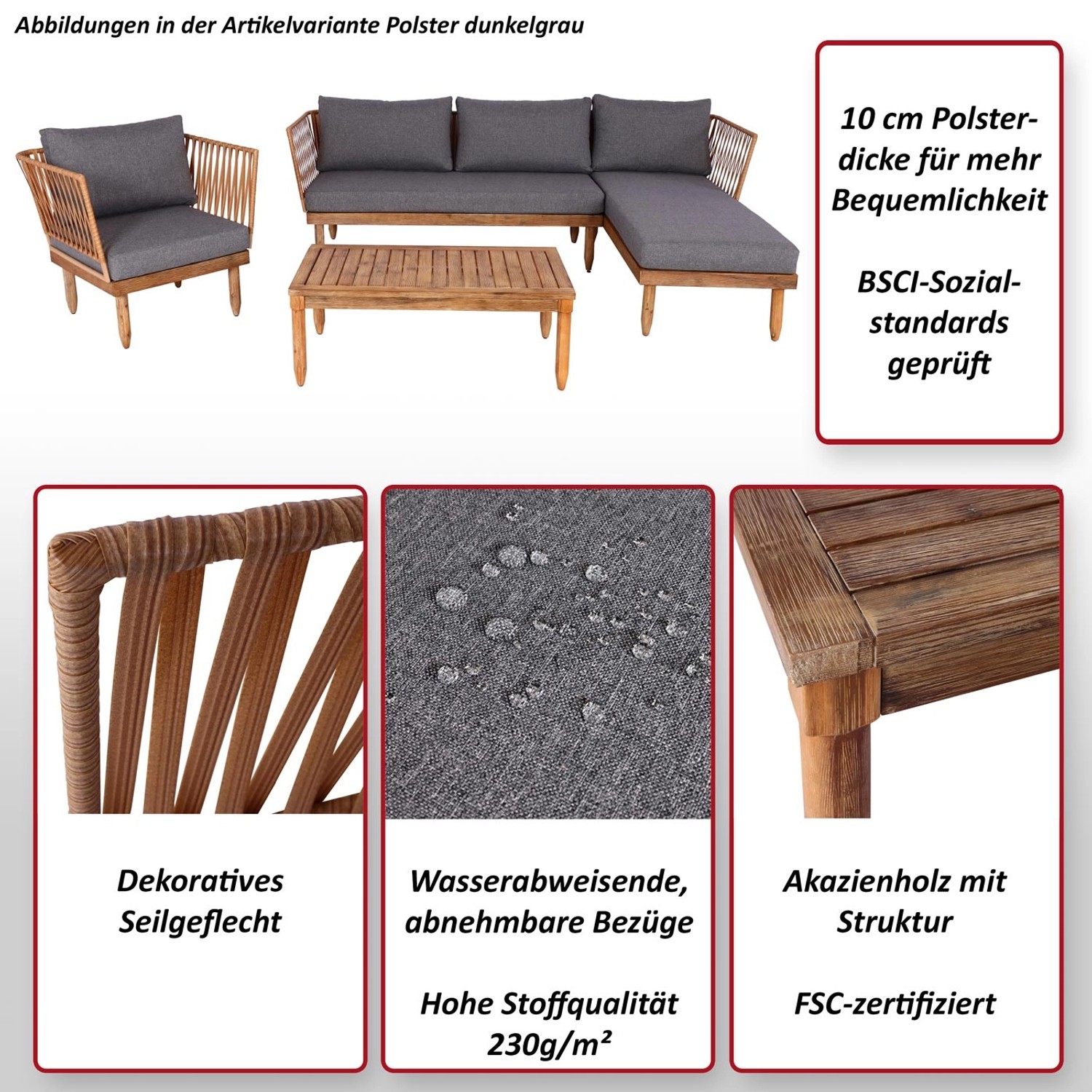 MCW Garten-Garnitur L29 4er-Set Dunkelgrau aus Akazienholz mit Polstern.