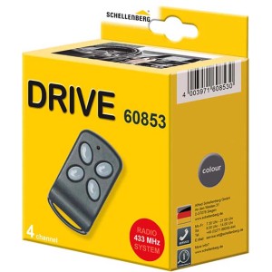Schellenberg Handsender Drive 4-Kanal in gelber Verpackung. Fernbedienung für Garagentorantriebe.