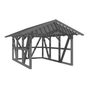 Grauer Skan Holz Carport Schwarzwald mit Dachlattung und Rückwand, Fachwerkbauweise.