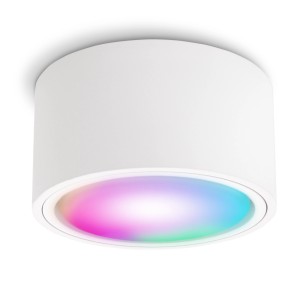 Weißer LED Aufbaustrahler mit RGB CCT Lampe, smart über WLAN steuerbar.