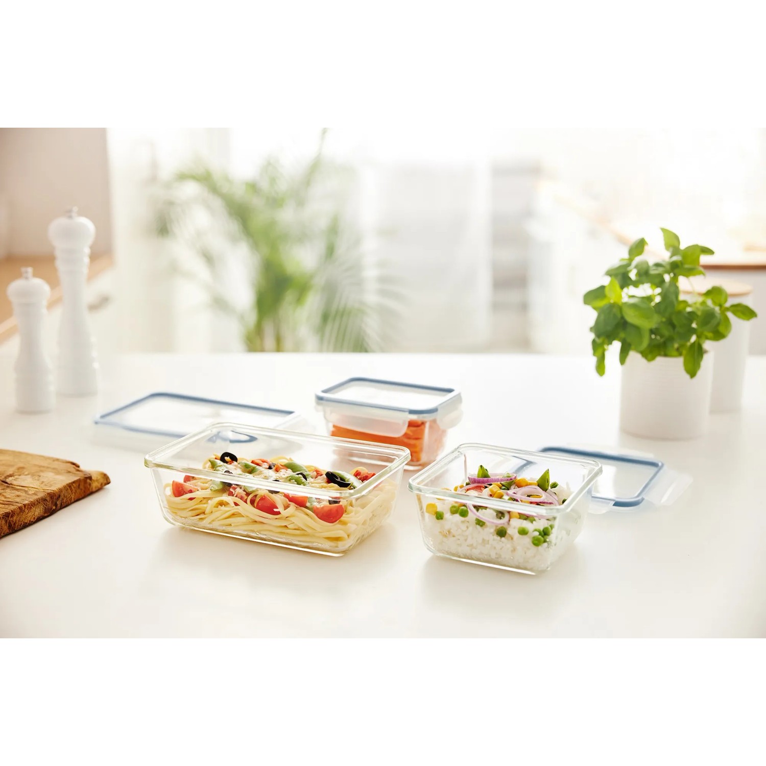 Rotho Clic & Lock Glasdose, 0,5 l, horizontblau, gefüllt mit Speisen. Vorratsdose für Kühlschrank und Backofen.