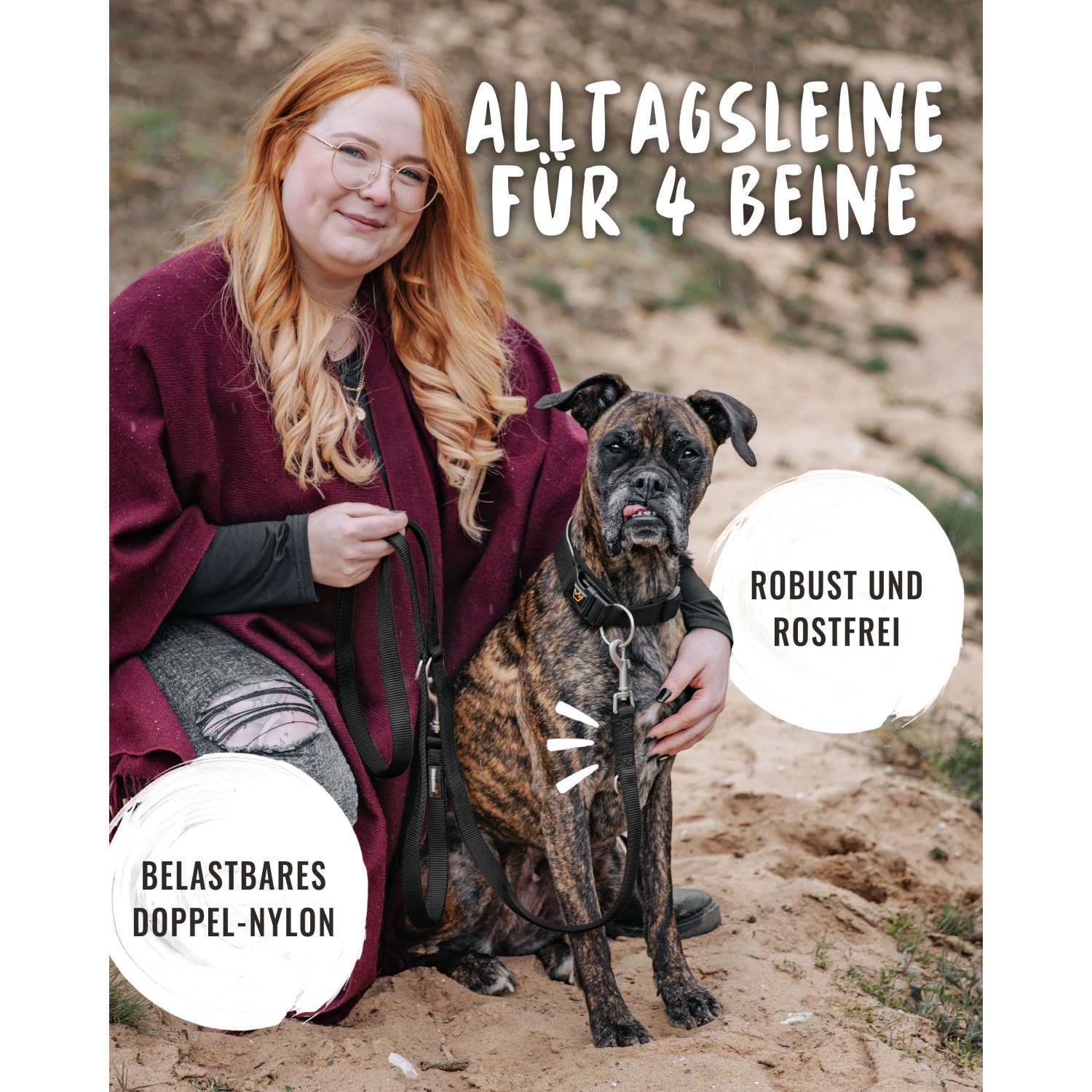 Frau mit Hund an schwarzer, verstellbarer Rudelkönig Hundeleine Frida aus Nylon.