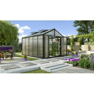 Vitavia Gewächshaus Zeus Comfort 10000, schwarzer Rahmen, 10 m², mit geöffneter Doppeltür im Garten.