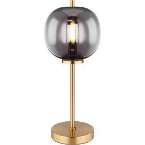 Globo Design-Tischleuchte Blacky I mit Rauchglas-Schirm und messingfarbenem Metallfuß.