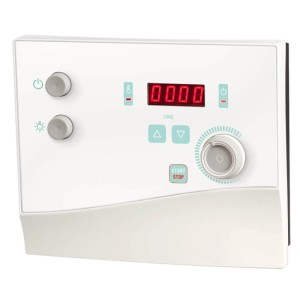 Sentiotec K4 Next Saunasteuerung, weiße Blende mit Drehregler und Digitalanzeige.
