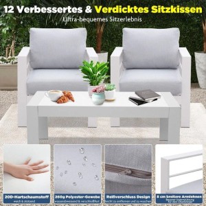 Zwei weiße MeXo Gartensessel mit hellgrauen Kissen und Couchtisch. Wetterfestes Outdoor Loungeset aus Aluminium.