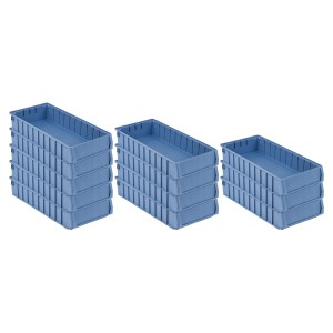 SuperSparSet: 12 blaue Regalkästen (7,8L) mit Etikett und Schutzhaube, ideal für Aufbewahrungssysteme.