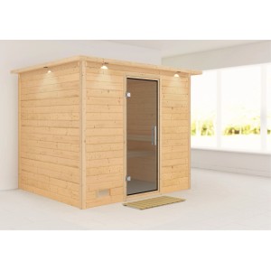 Karibu Sauna Sarina aus Fichte mit LED-Dachkranz und Glastür. Massivholzsauna für Wellness zu Hause.