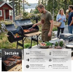 Mann grillt auf schwarzem Tectake 2-in-1 Holzkohlegrill mit 2 Kammern im Garten. Perfekt zum Grillen und Räuchern.
