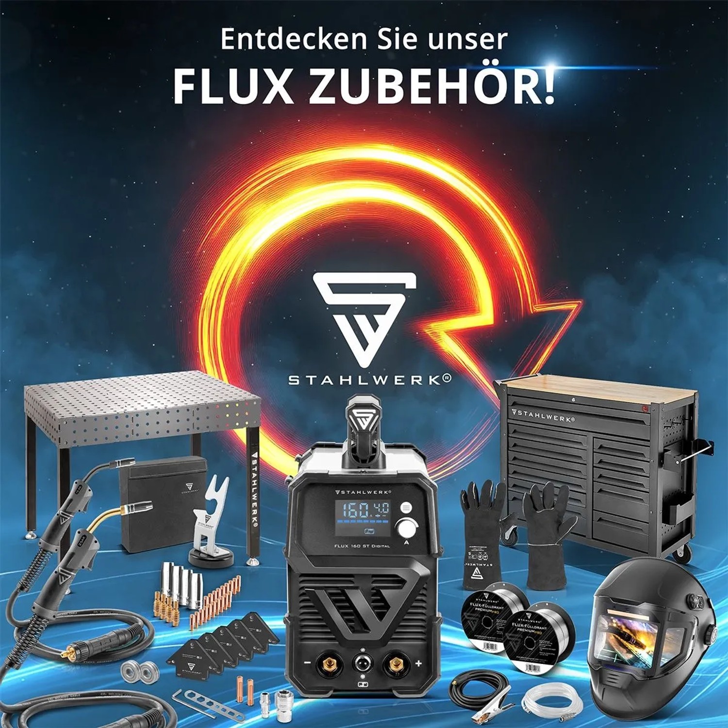STAHLWERK FLUX 160 ST Digital Schweißgerät mit Zubehör: Schweißtisch, Werkzeugwagen, Helm, Draht, Handschuhe.