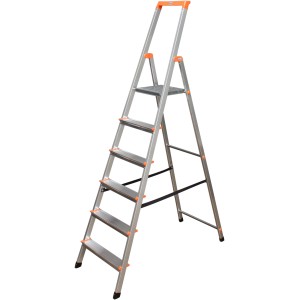 Krause Solidy Stufen-Steh-Leiter mit 6 Stufen, Sicherheitsbügel und Kleinteileablage.