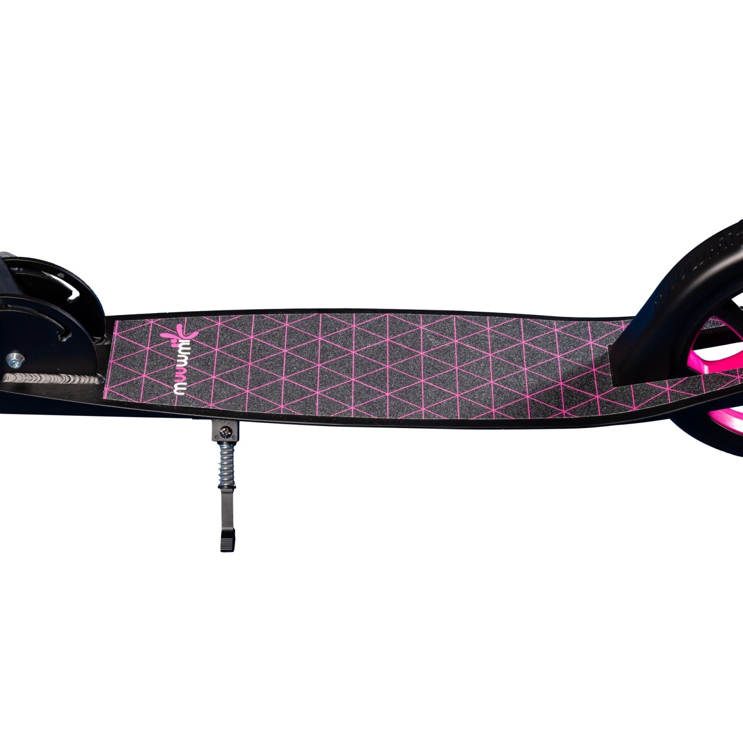 Muuwmi Tretroller Pro, pink: Detailansicht des Decks mit pinkfarbenem Dreiecksmuster und Ständer.