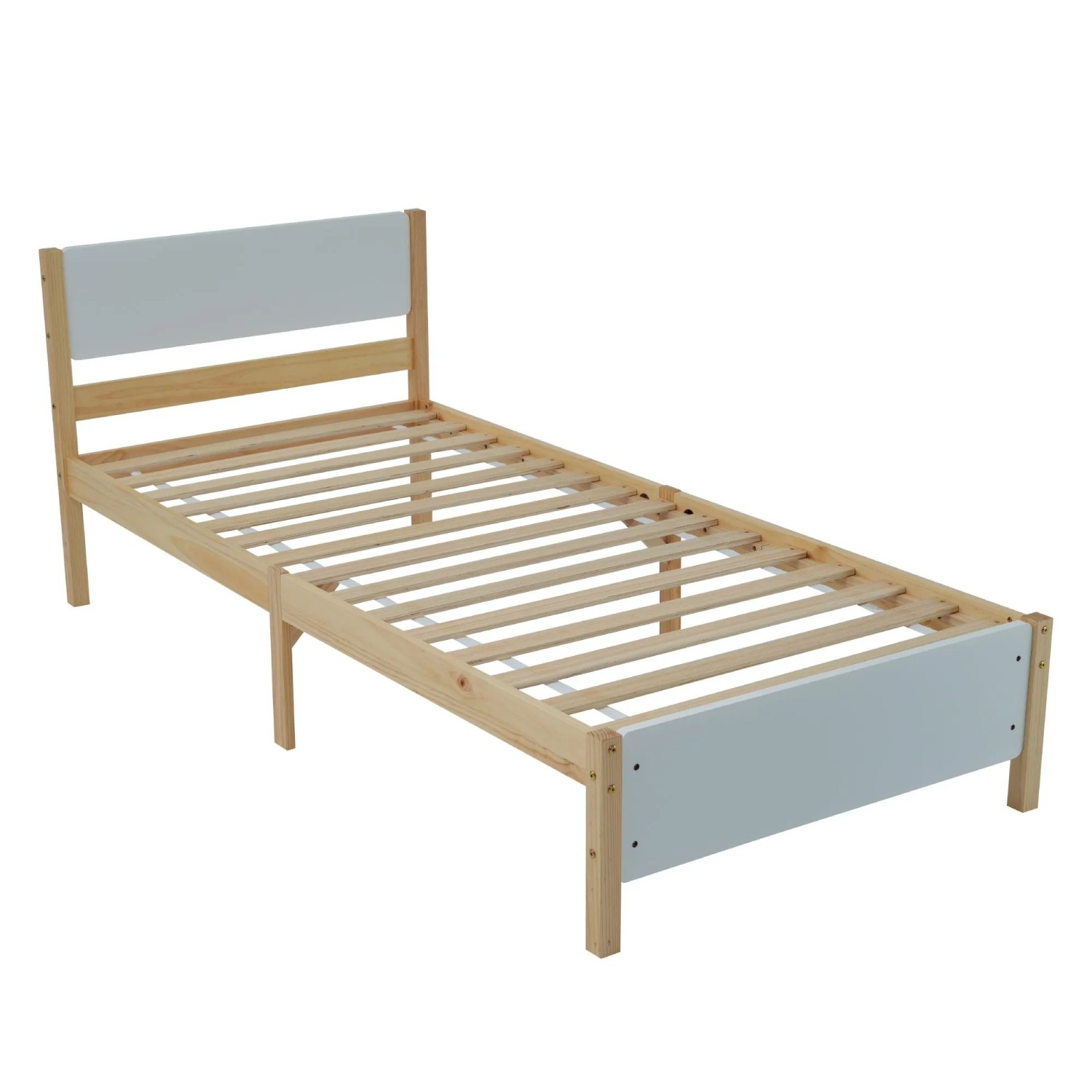 KOMHTOM Einzelbett 90x200Cm Holzbett Kiefernholzrahmen Mit Mittelfuß Jugendbett Erwachsenenbett Mdf Weiß+Natur Ohne Matratze
