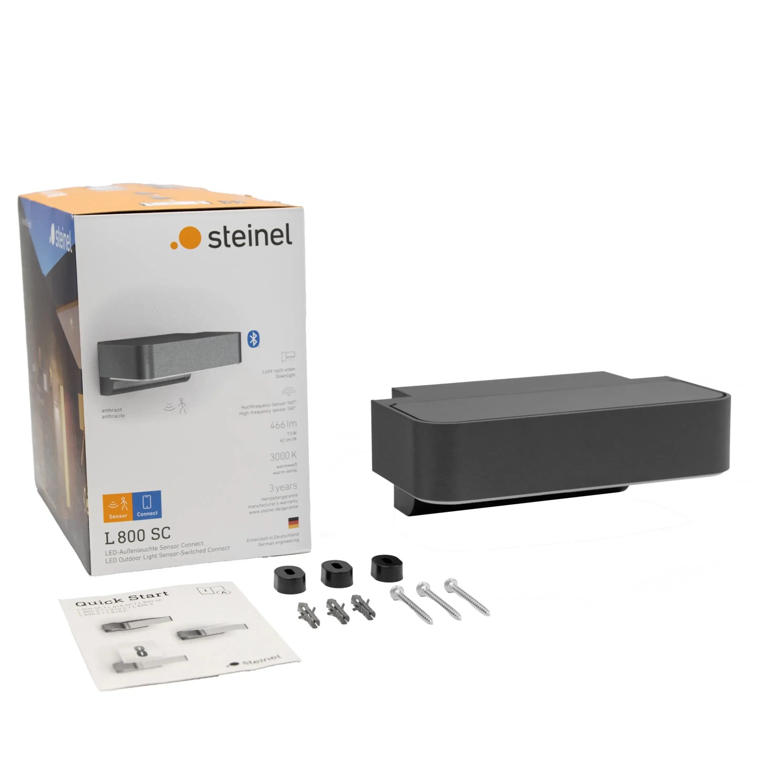 Steinel LED-Außenleuchte L 800 SC anthrazit mit Zubehör und Verpackung.