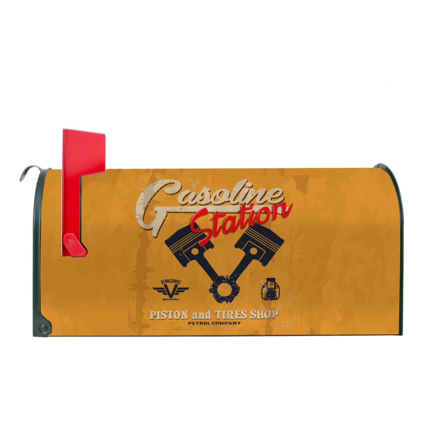 Grüner US Briefkasten mit Gasoline Station Motiv, rote Fahne. Amerikanischer Postkasten für Wand- oder Standmontage.