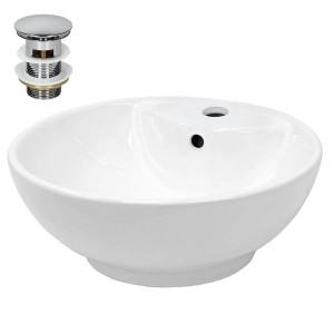 Weißes ECD Germany Design Handwaschbecken (Ø 455 mm) mit Ablaufgarnitur.