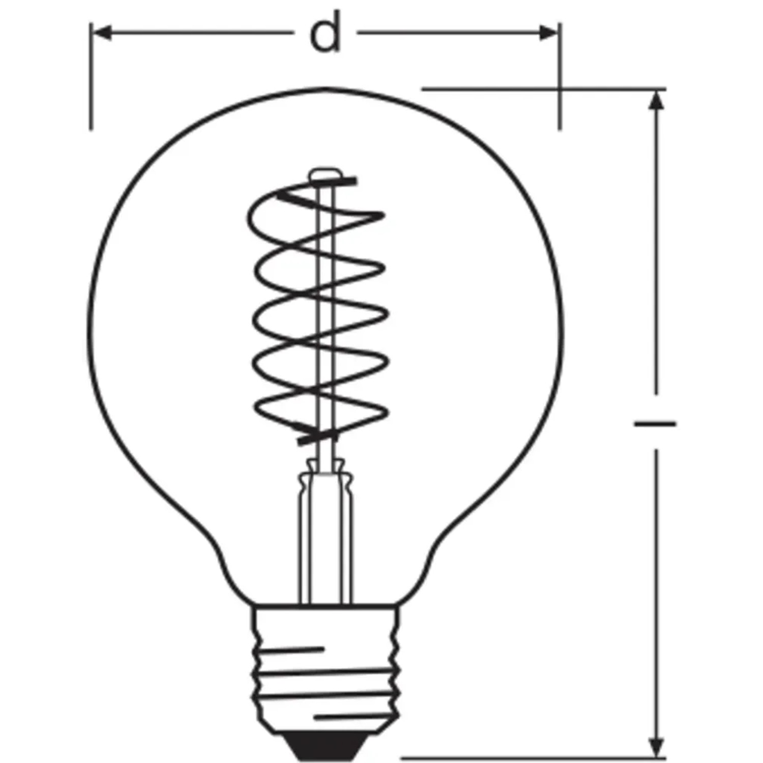 Skizze: Osram E27 LED Leuchtmittel in Globeform mit Maßen für Durchmesser und Länge.