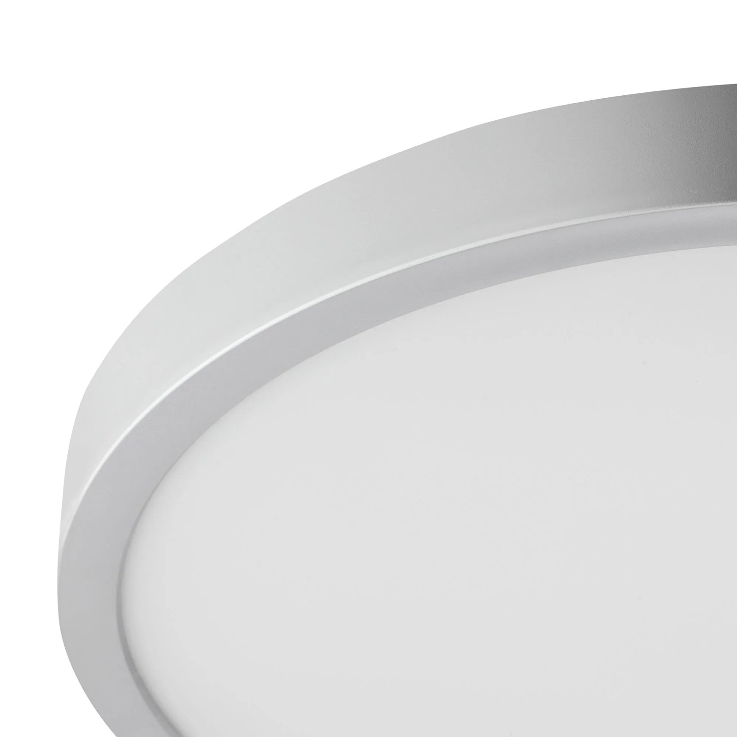 Runde, silberne LED Deckenleuchte Jade mit weißer Leuchtfläche, extra flach, ideal für moderne Räume.