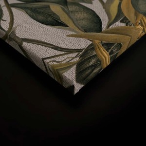Detailansicht des Bricoflor Botanical Leinwandbildes mit Blättern und Blumen in Grün und Grau.