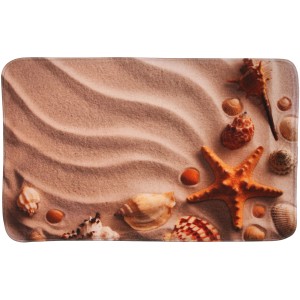 Sanilo Badteppich Sanibel 50x80 cm mit Sand- und Muschelmotiv für ein maritimes Badezimmer.