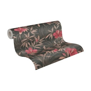 PROFHOME Dschungel Tapete mit Blumenmuster in Braun, Rot und Schwarz.