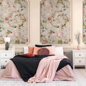 PROFHOME Fototapete mit floralem 3D-Muster in Beige, Grau, Rosa und Grün im Schlafzimmer.