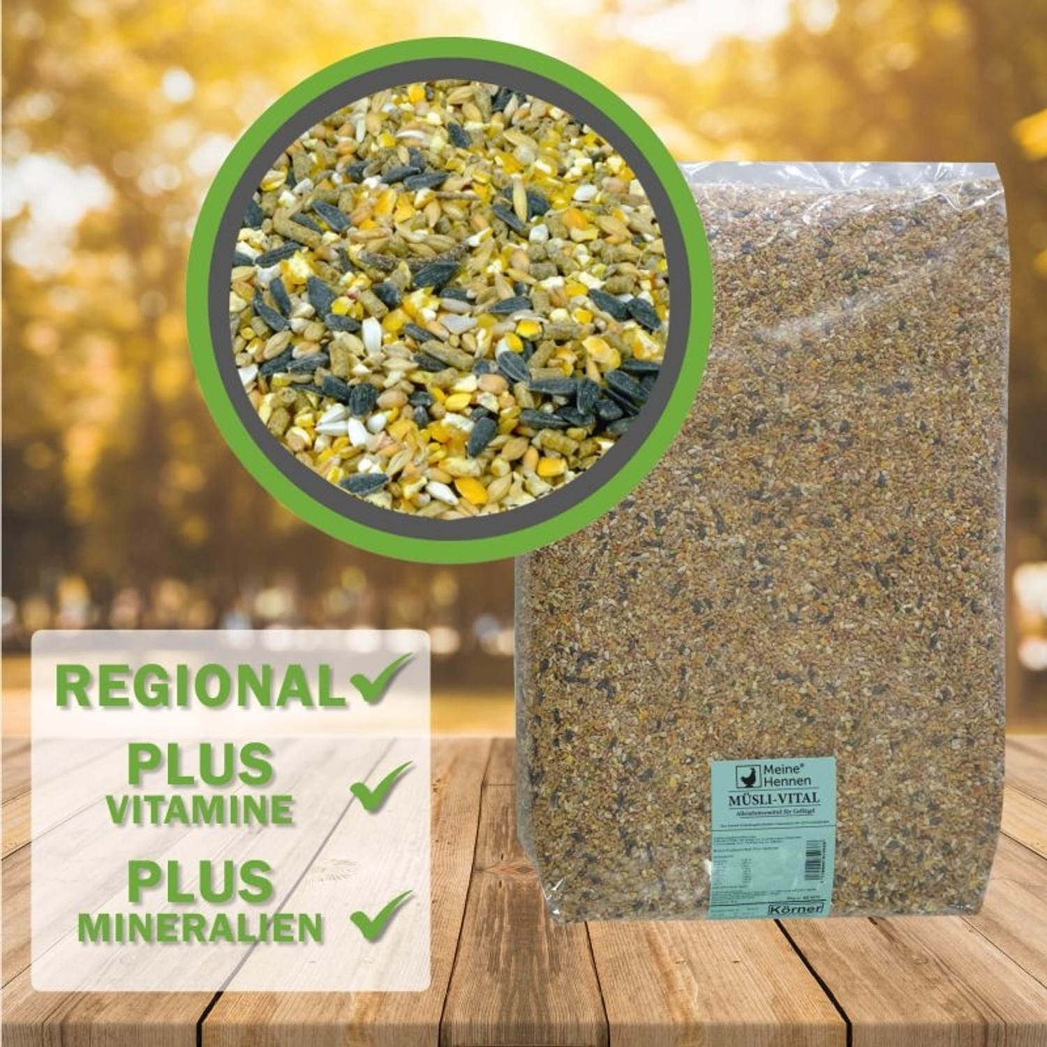 MeineHennen Müsli Vital 15kg, Premium Hühnerfutter für Geflügel. Körnermischung im transparenten Sack.