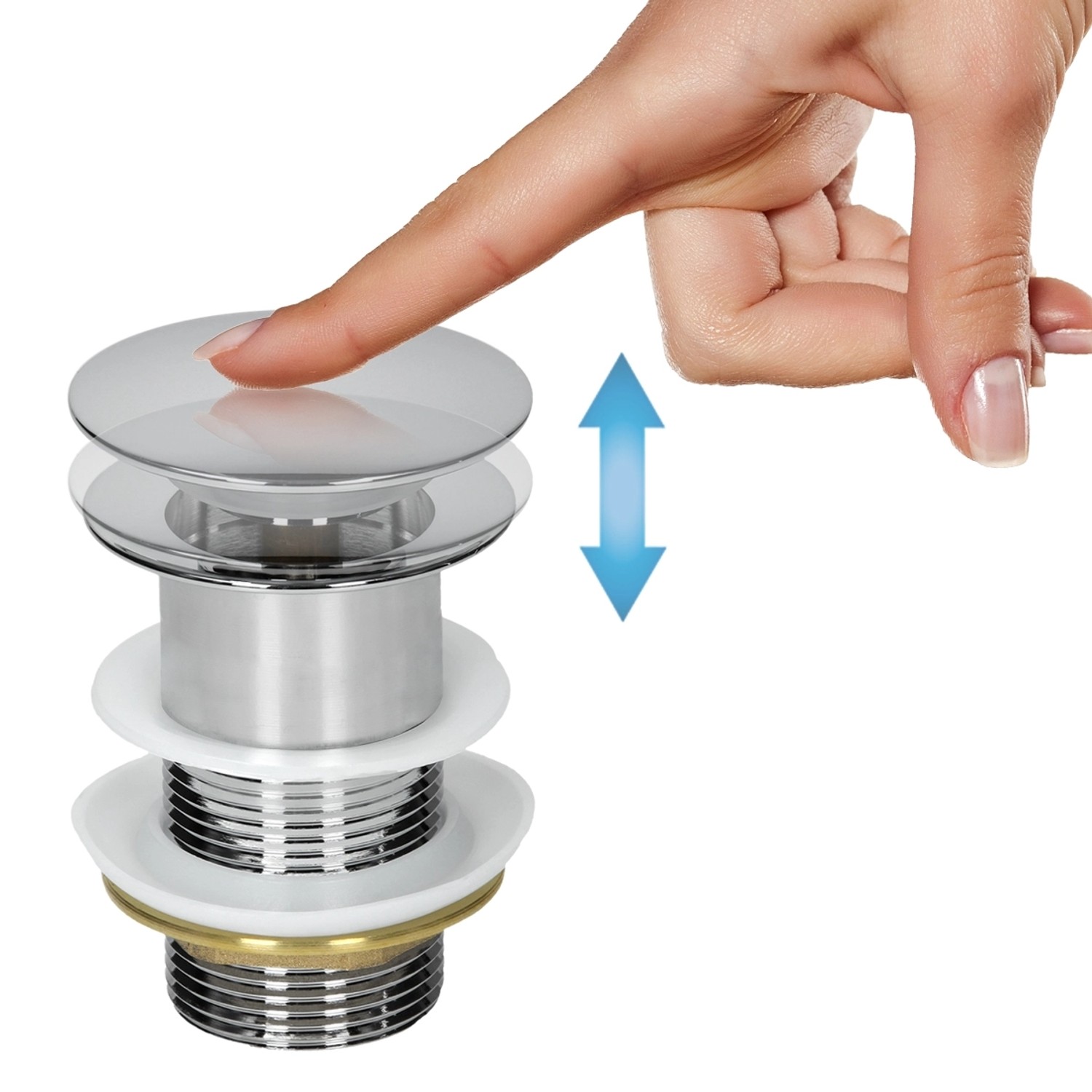 Detailaufnahme der Push-Open Ablaufgarnitur für ein Waschbecken, bedient durch einen Finger.