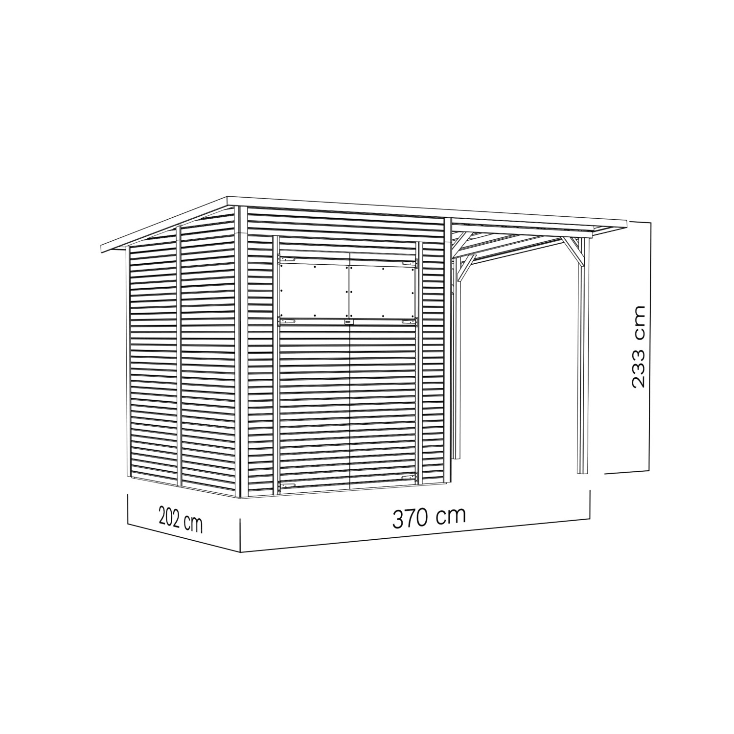 Bertilo Gerätehaus Pent Modern 3 Plus aus Holz (371x202cm) mit Anbau, Frontansicht mit Maßen.