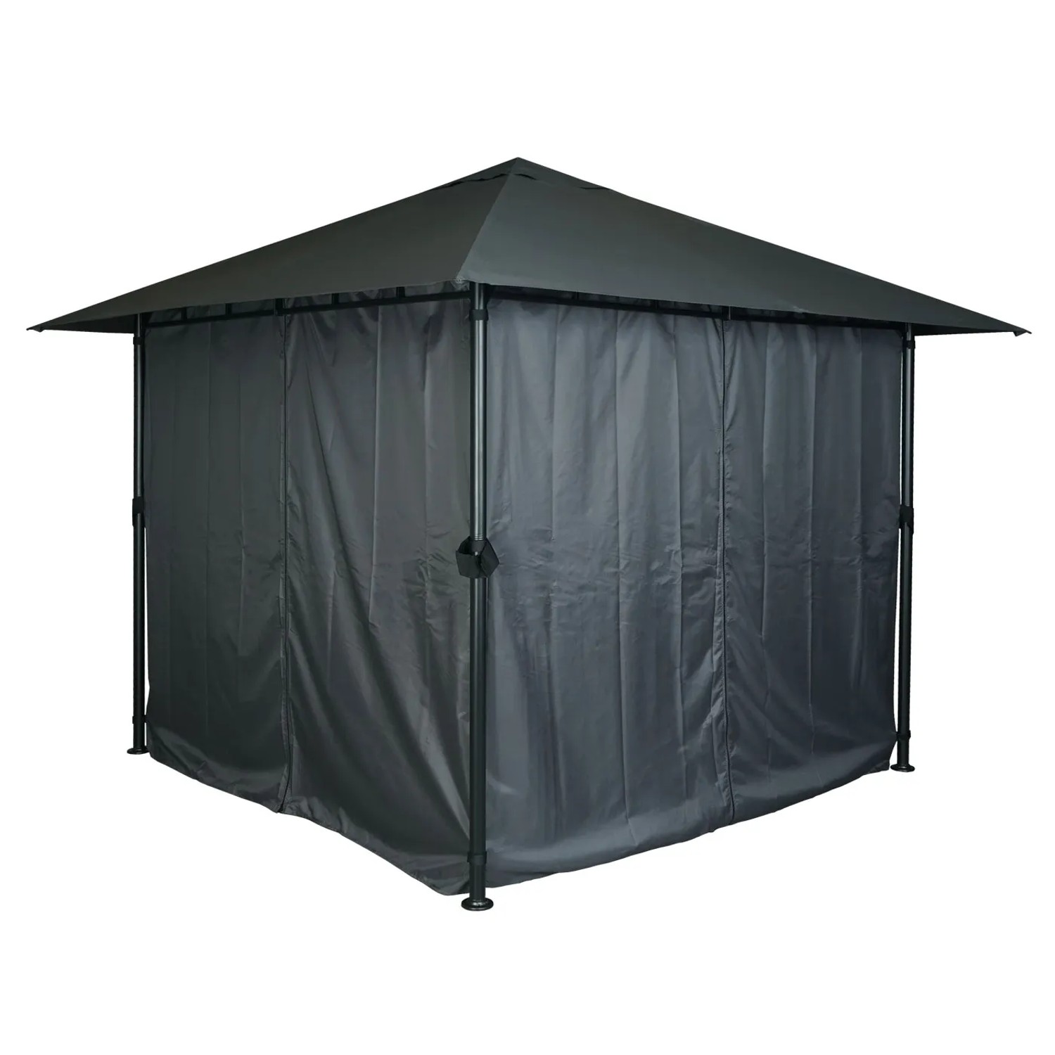 Anthrazitfarbene MCW Pergola J63 mit Dach und vier Seitenwänden als Terrassenüberdachung.