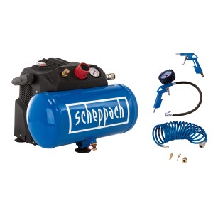 Scheppach Kompressor HC06 mit Zubehörset: 6-Liter-Tank, blau, mit Manometer, Luftpistole und Schlauch.