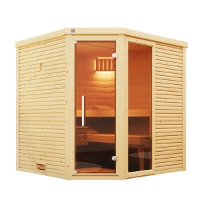 Weka Designsauna Cubilis 2 aus Fichte mit Glastür und Saunaleuchtenset.